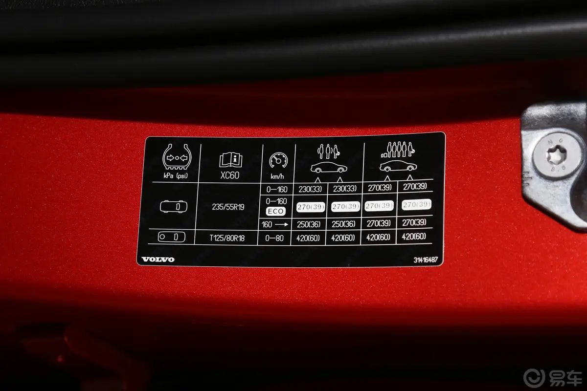 沃尔沃XC60T5 四驱 智雅运动版胎压信息铭牌