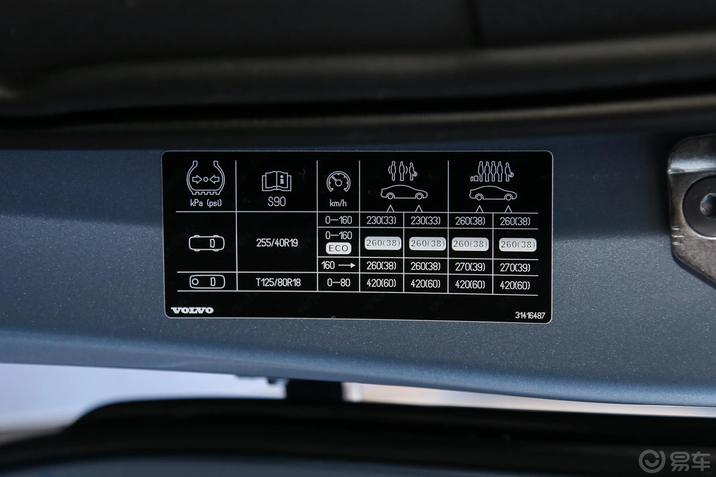 沃尔沃S90T5 智雅版胎压信息铭牌