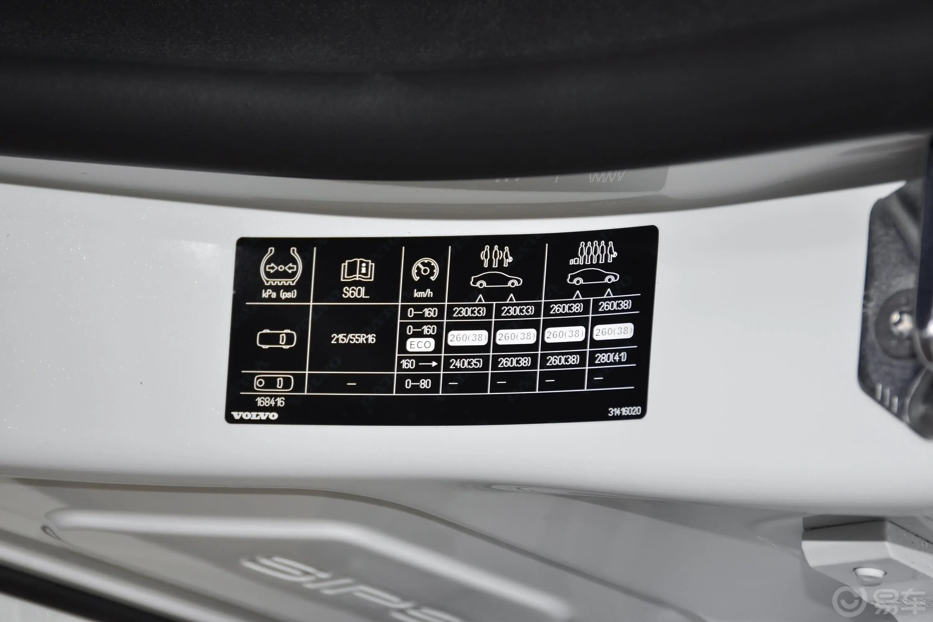 沃尔沃S60S60L T3 智进版胎压信息铭牌