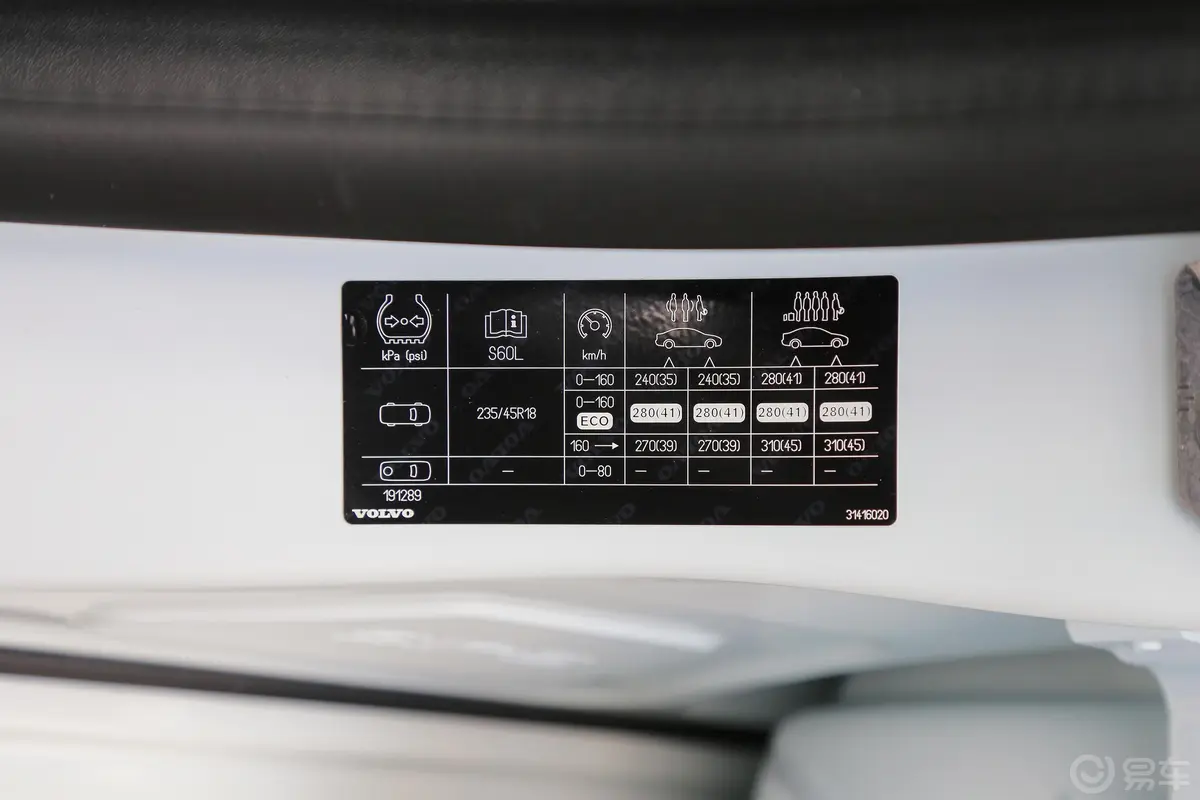 沃尔沃S60 RECHARGES60L T6 进取版胎压信息铭牌