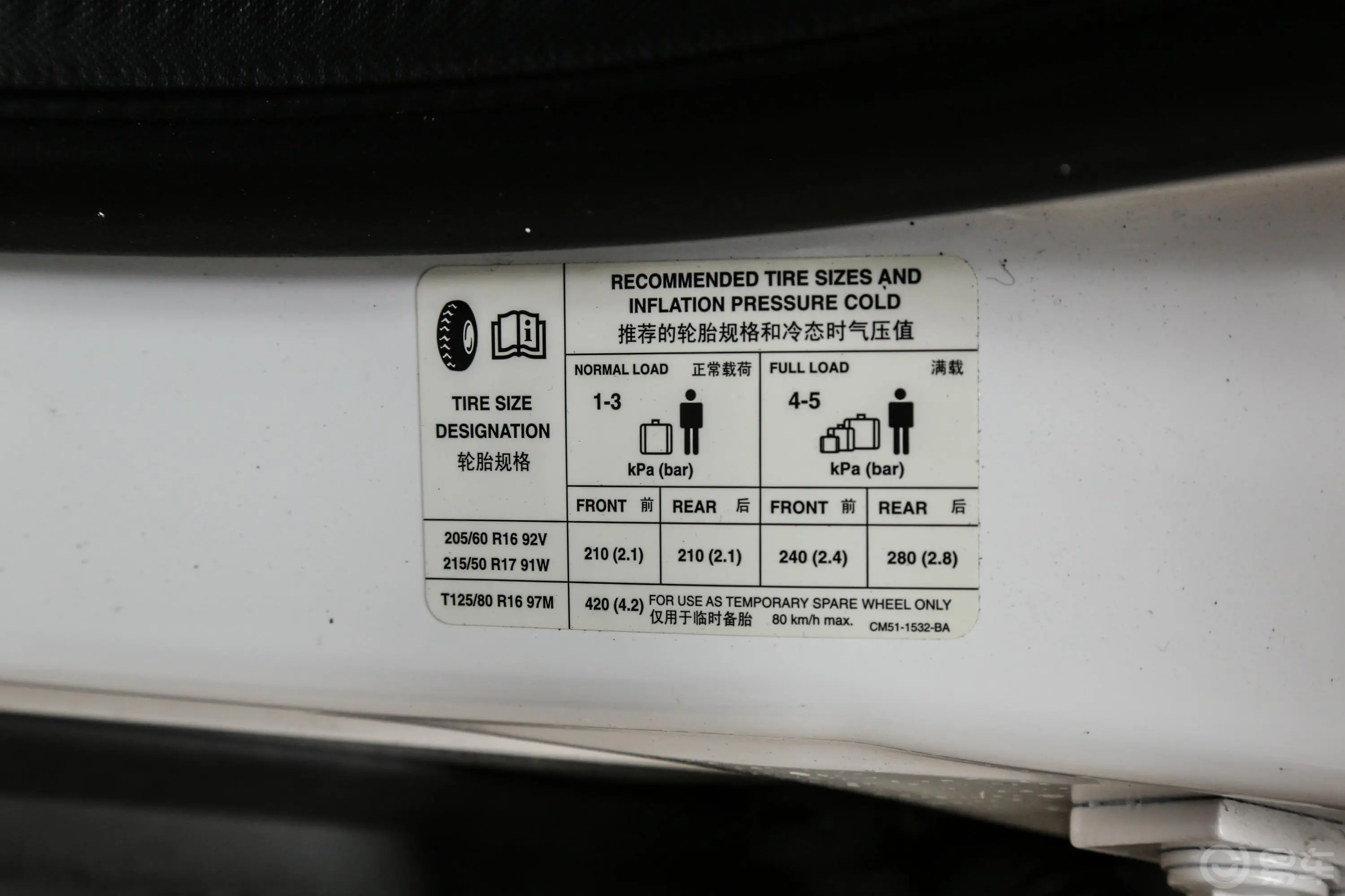 福克斯三厢 1.6L 双离合 舒适版胎压信息铭牌
