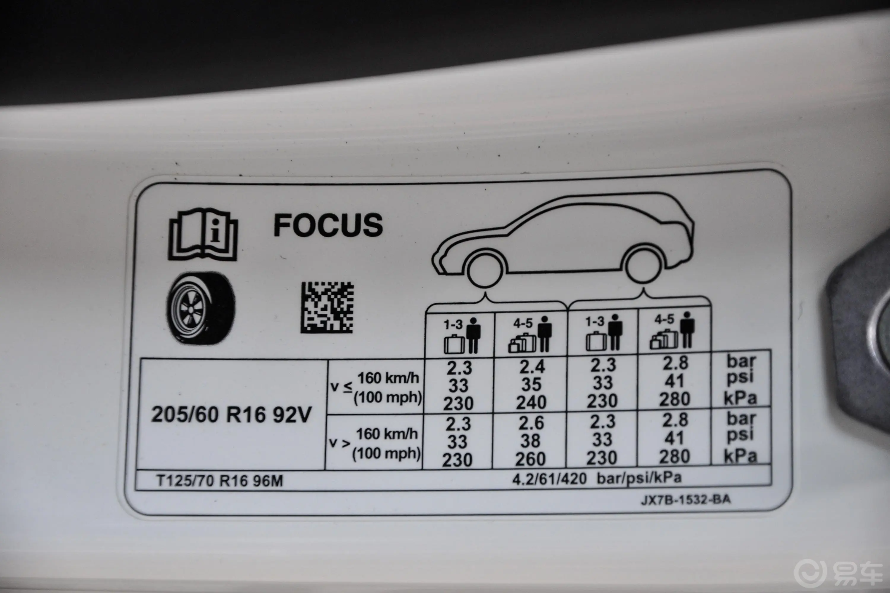 福克斯两厢 1.5L 自动 锋跃版 国VI胎压信息铭牌