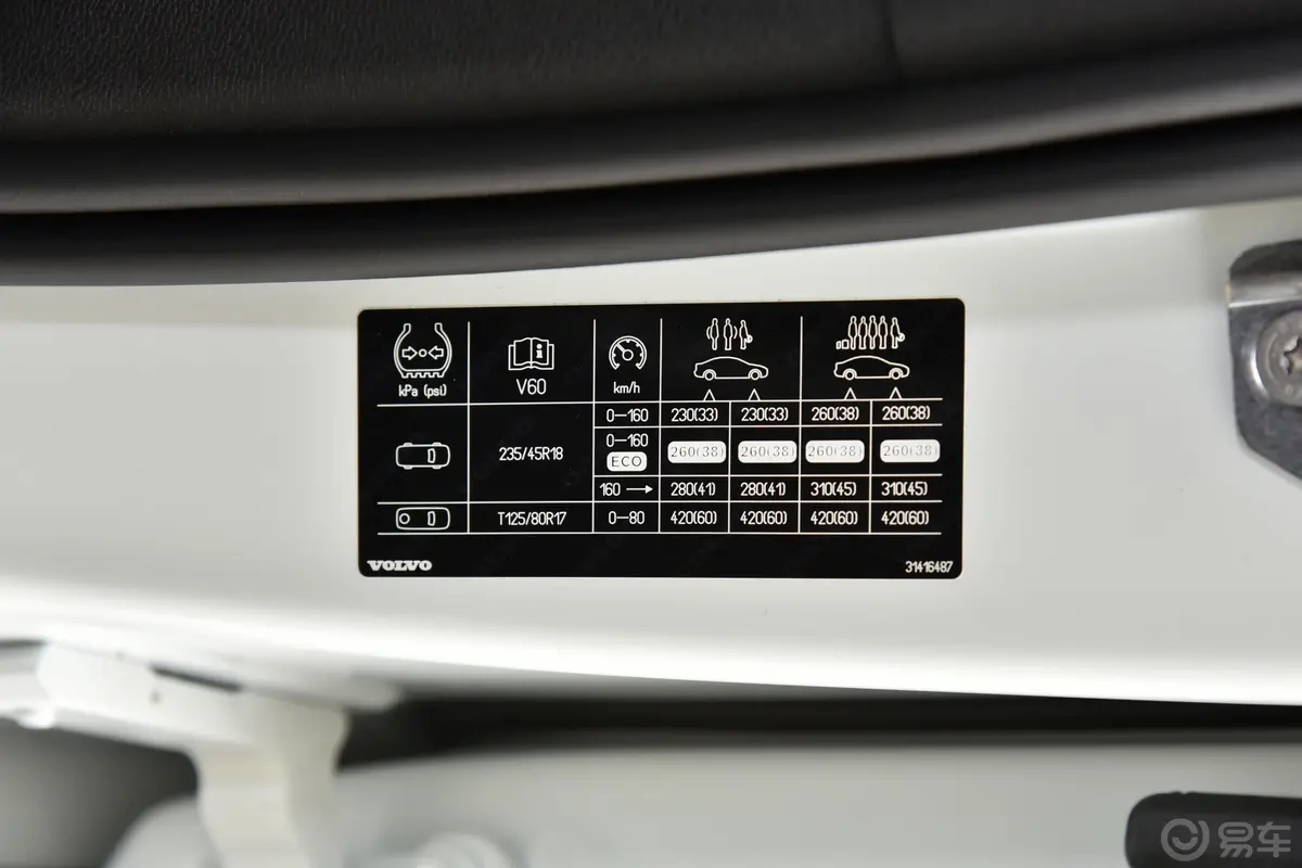沃尔沃V60T5 智远运动版胎压信息铭牌