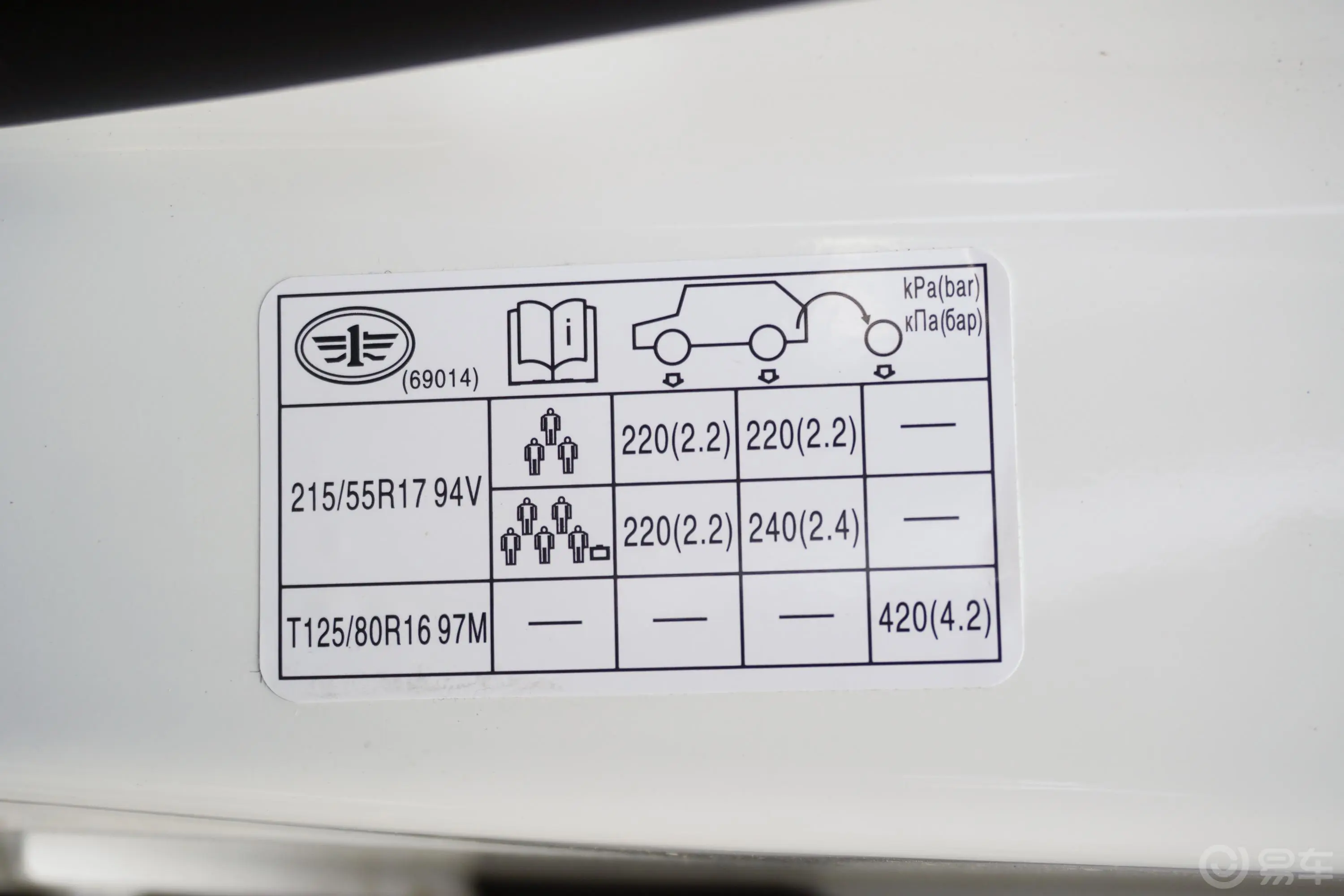 奔腾X40 EVEV460 舒适型胎压信息铭牌