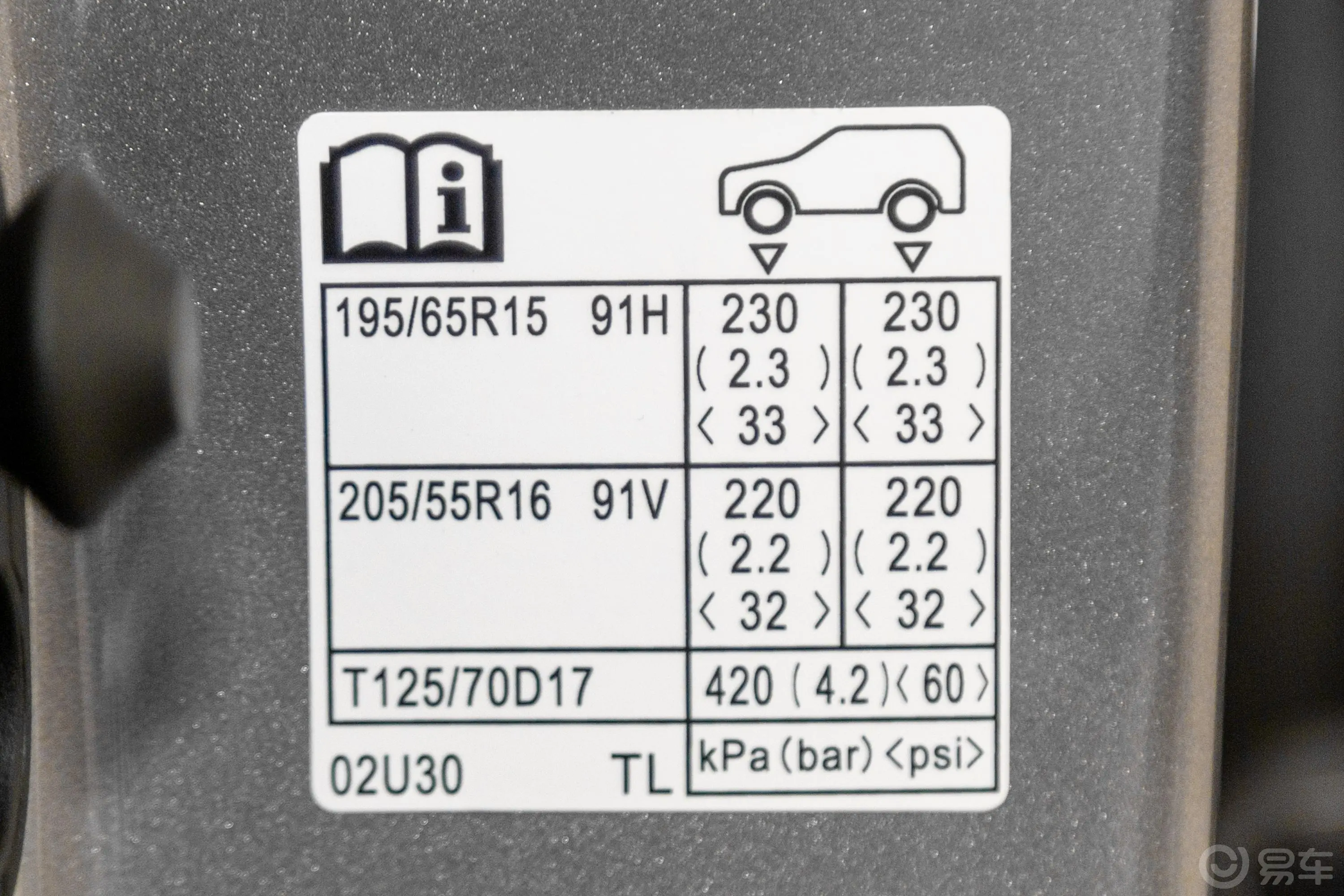 卡罗拉1.2T S-CVT 豪华版胎压信息铭牌