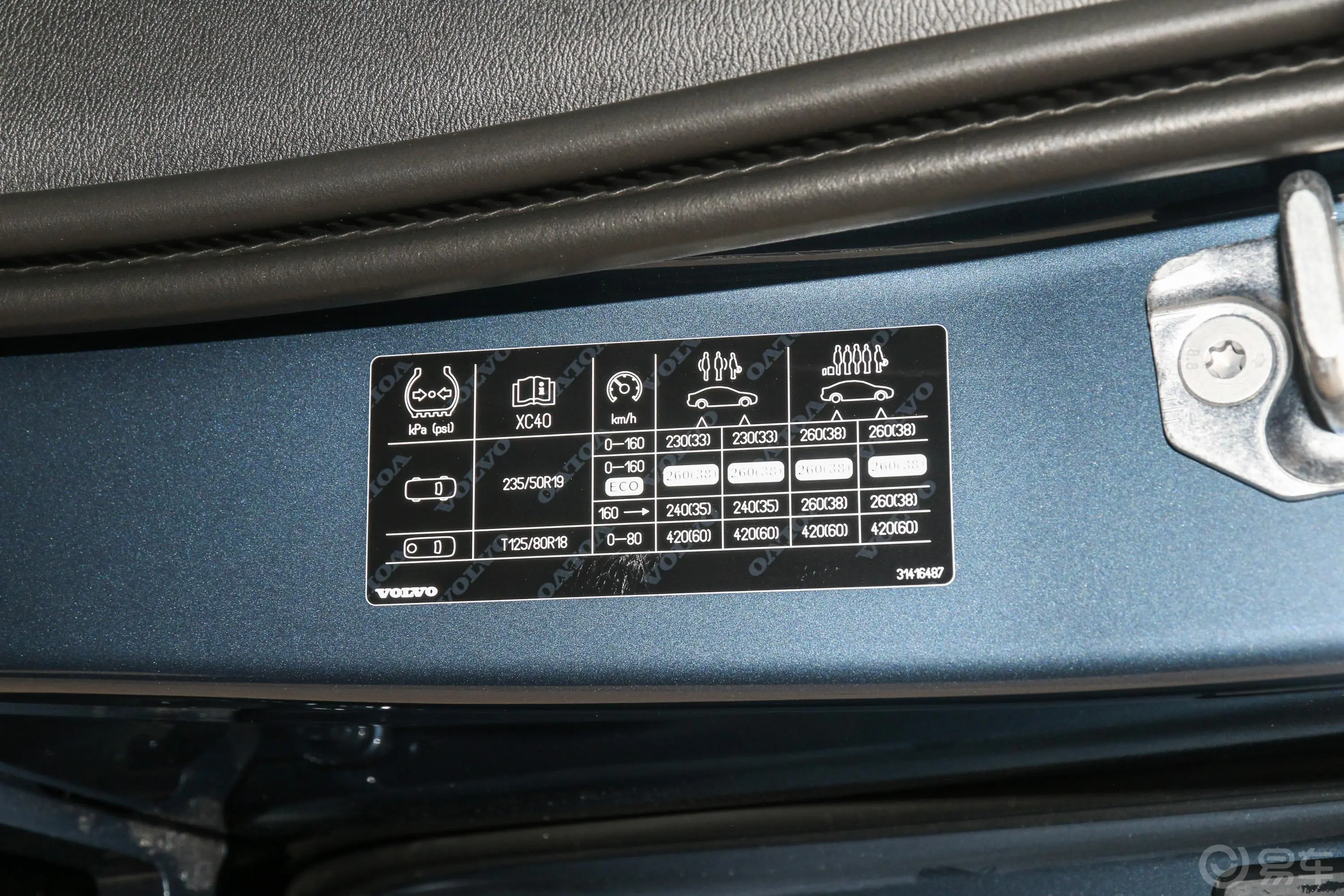 沃尔沃XC40T4 四驱 智远豪华版胎压信息铭牌