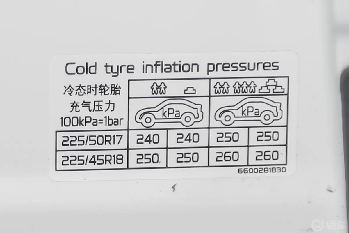 吉利几何C甄选续航版 550KM C＋＋胎压信息铭牌