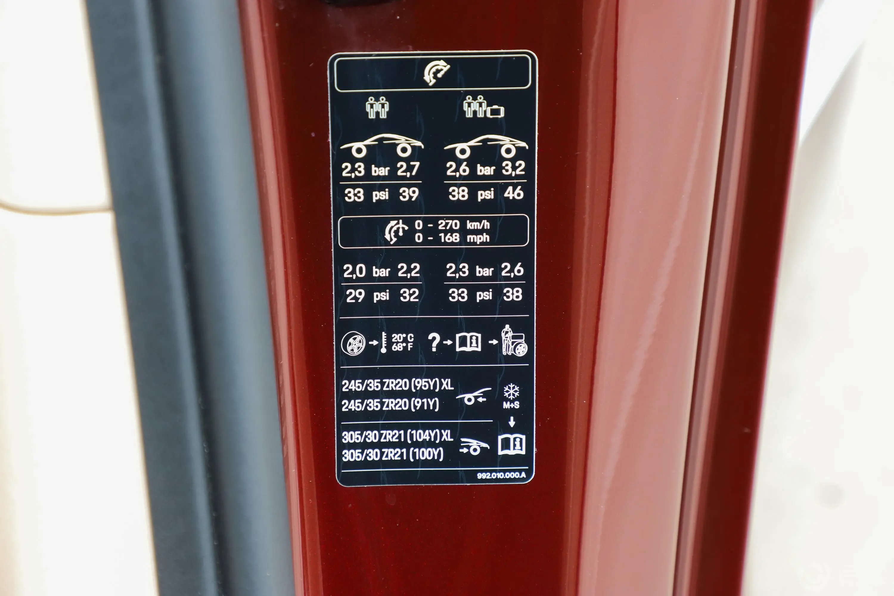 保时捷911Targa 4S 3.0T Heritage Design 特别版胎压信息铭牌
