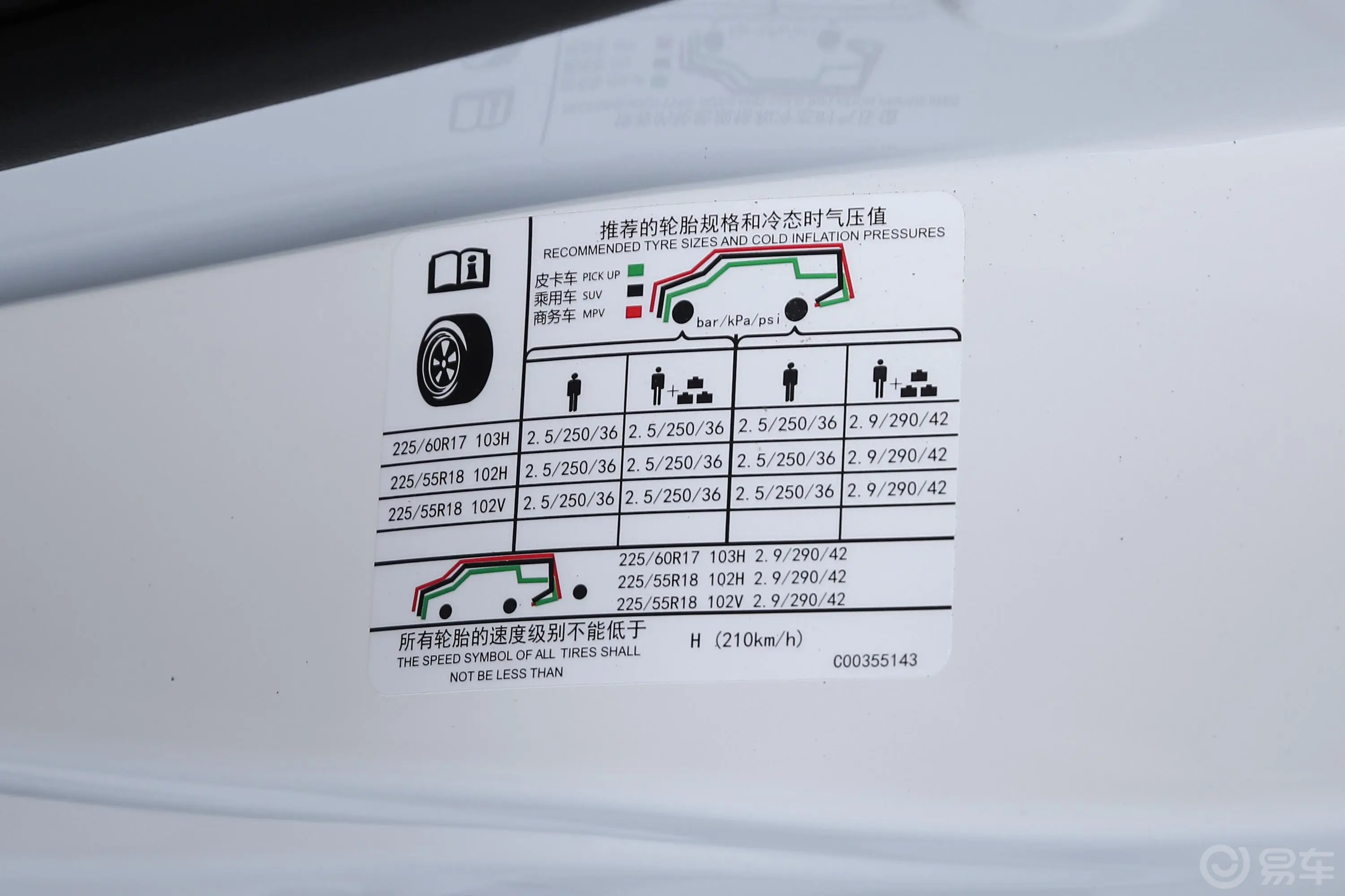 大通G20改款 PLUS 2.0T 自动豪华版 柴油胎压信息铭牌