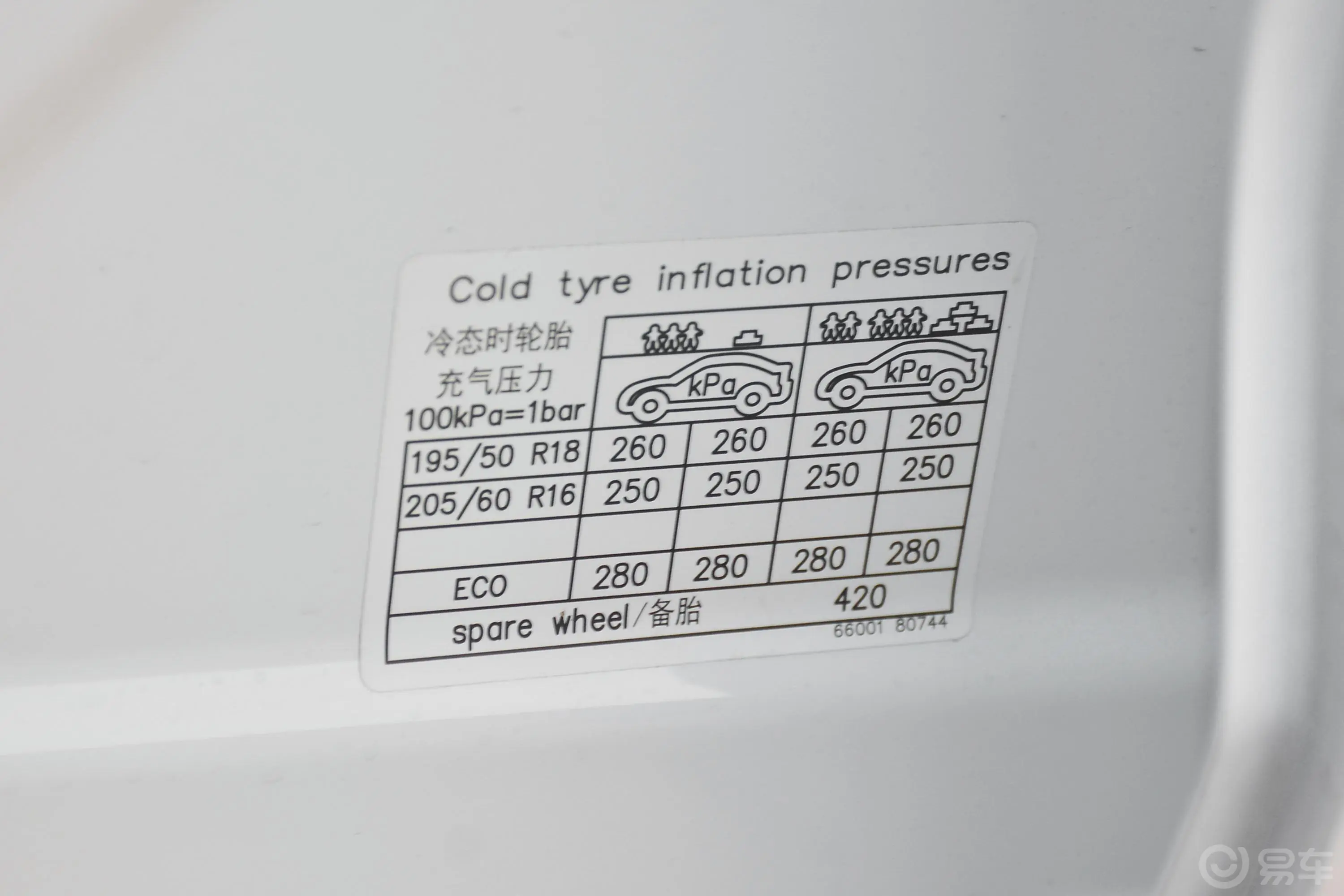 帝豪EVPro 421km 个人网约版胎压信息铭牌