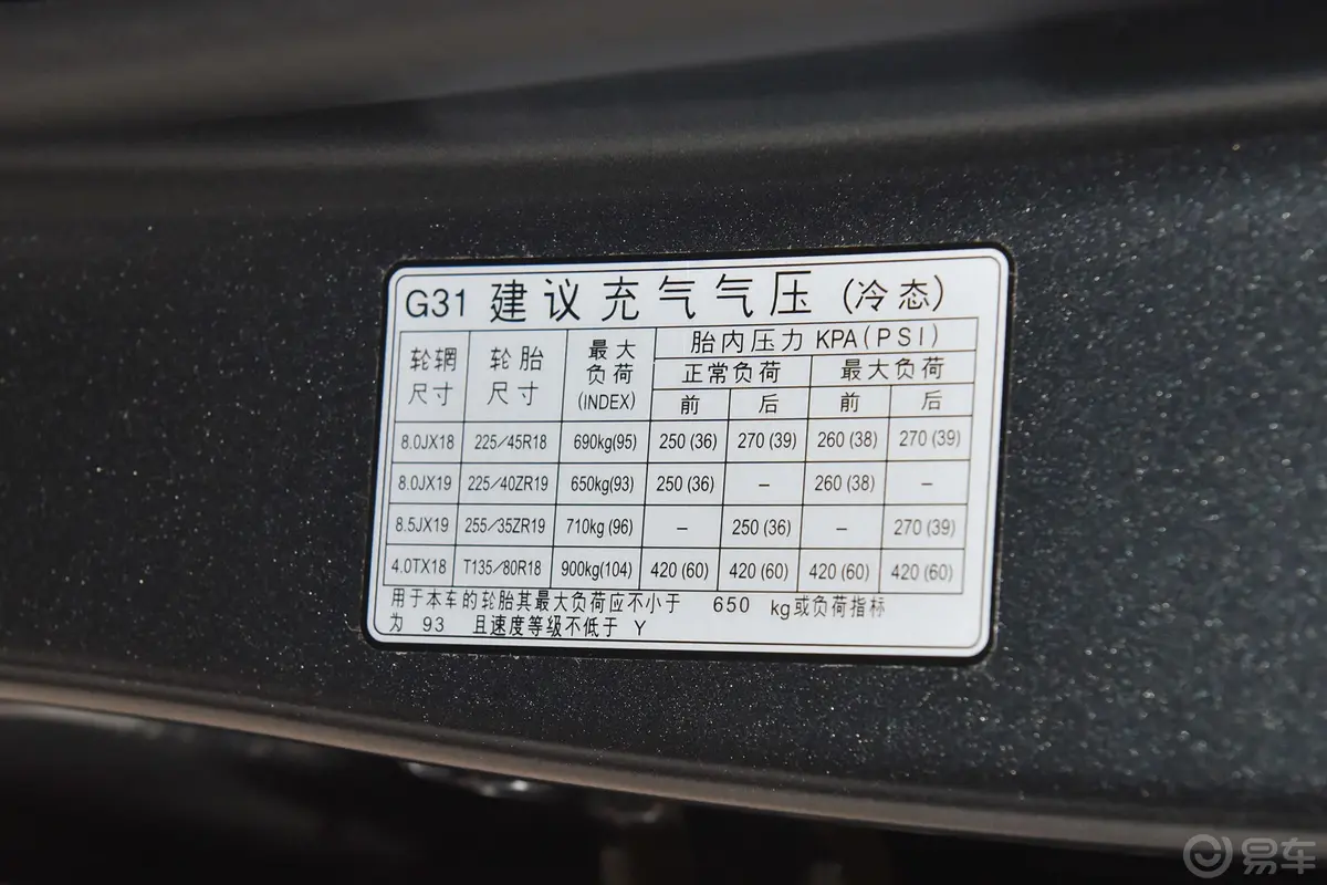 捷尼赛思G702.0T 四驱 Edition 1 限定版胎压信息铭牌