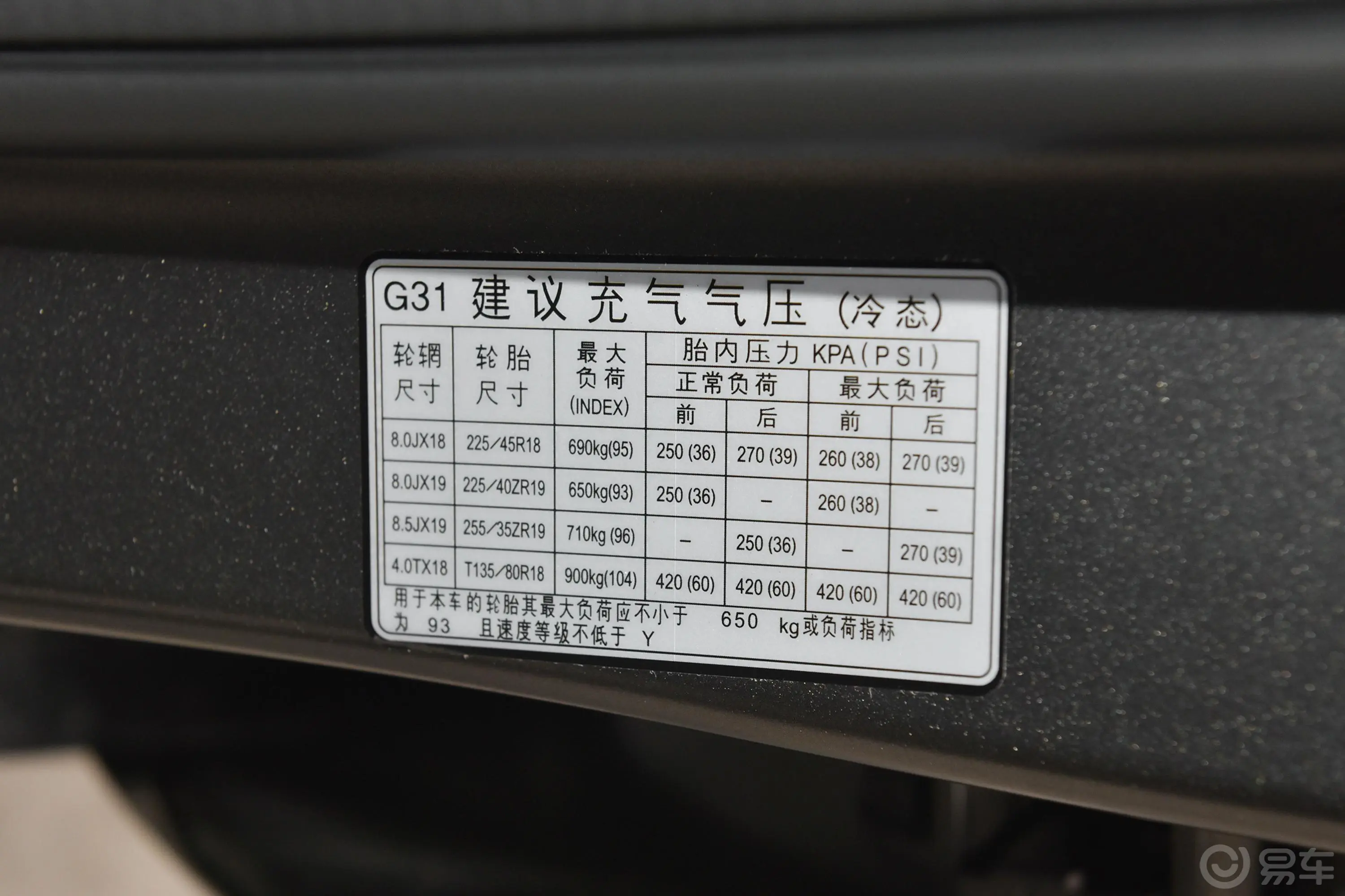 捷尼赛思G702.0T 四驱豪华版胎压信息铭牌