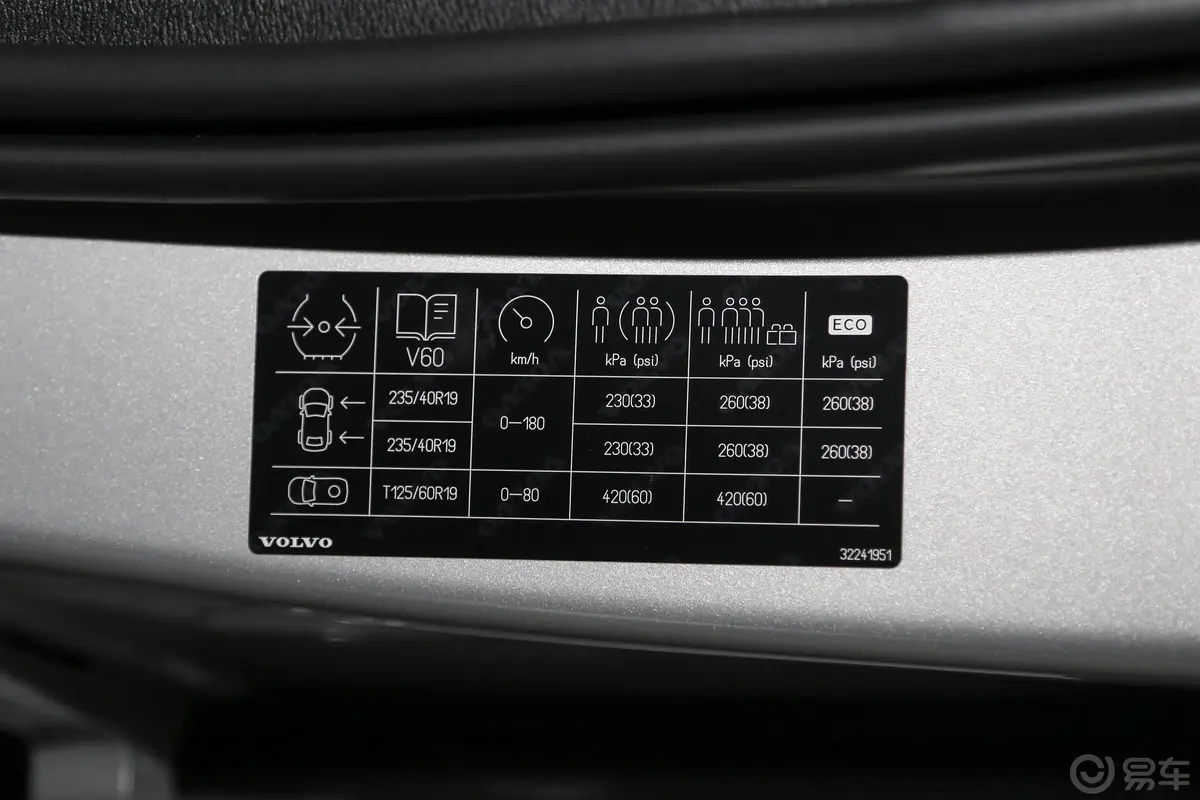 沃尔沃V60B5 自动智雅运动版胎压信息铭牌