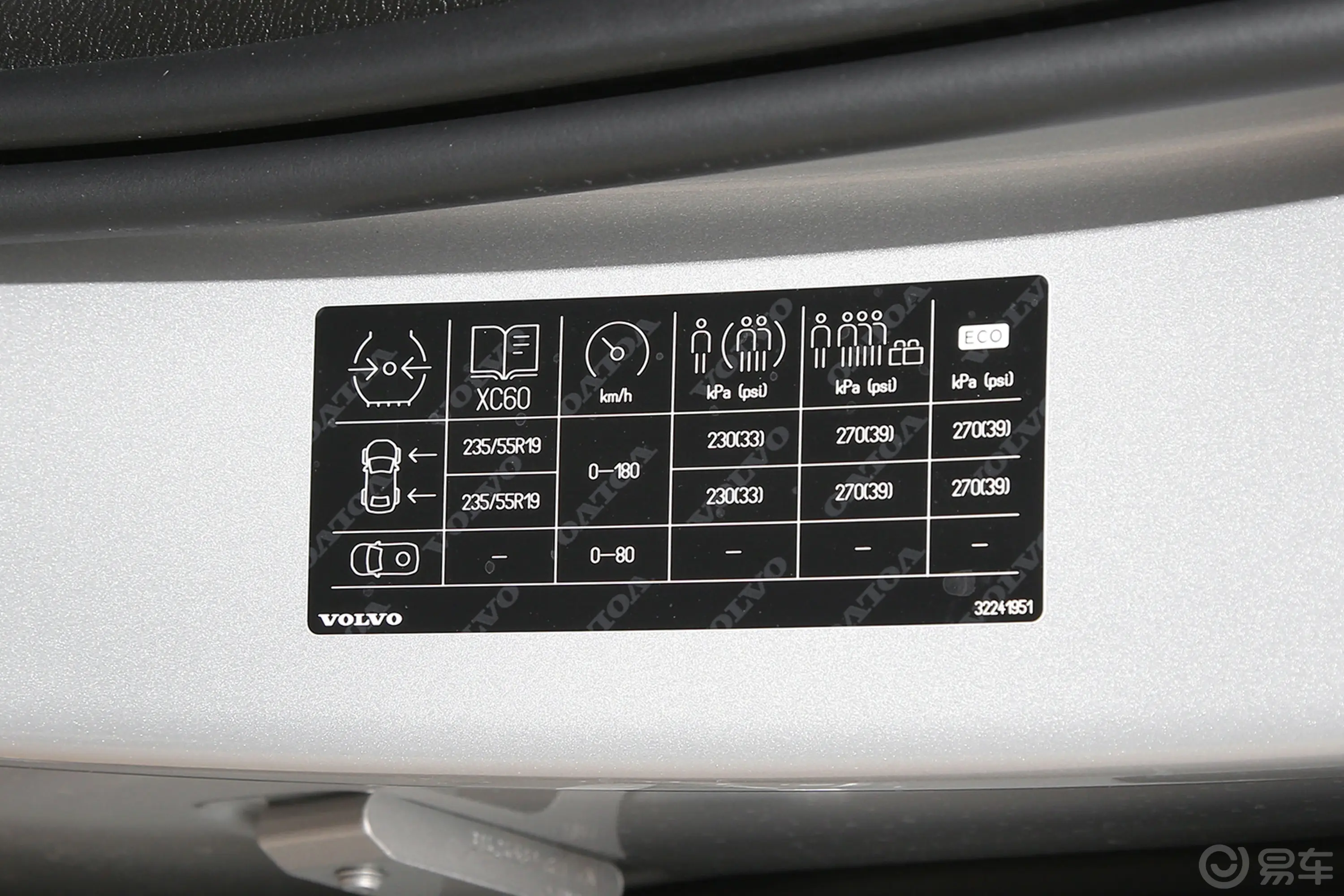 沃尔沃XC60B5 四驱智远豪华版胎压信息铭牌