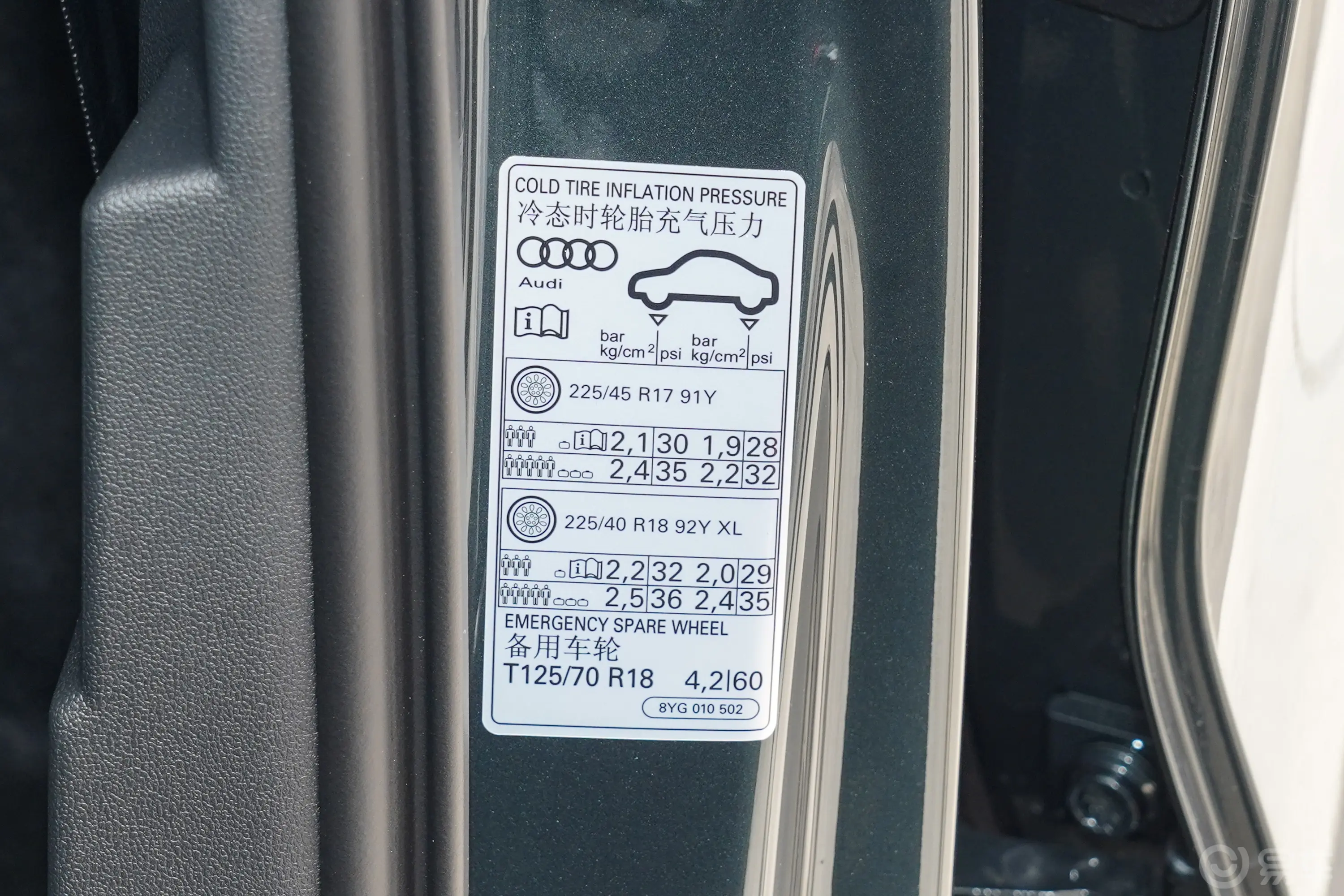 奥迪A3Sportback 35 TFSI RS套件燃速型胎压信息铭牌