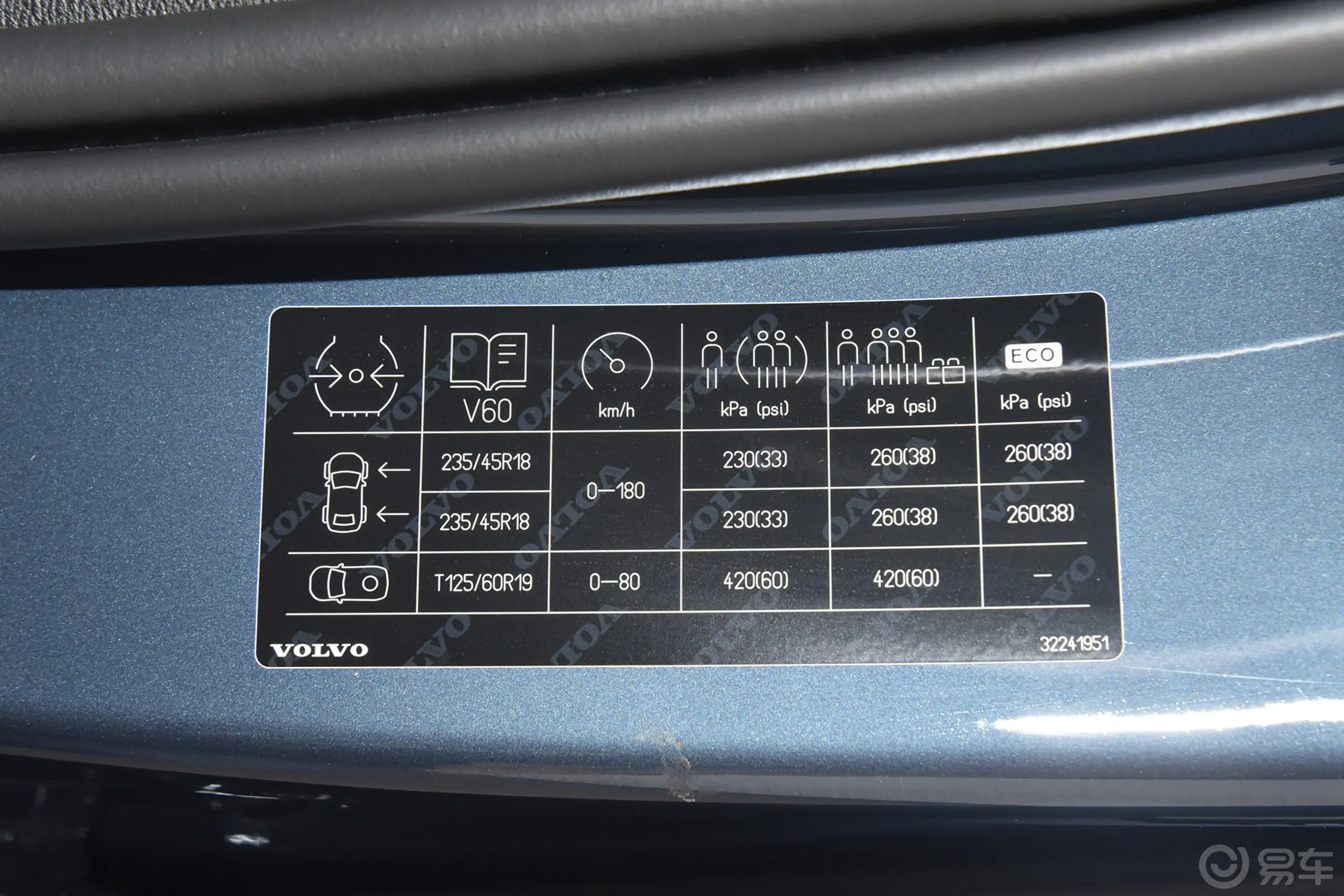 沃尔沃V60B5 自动智远豪华版胎压信息铭牌