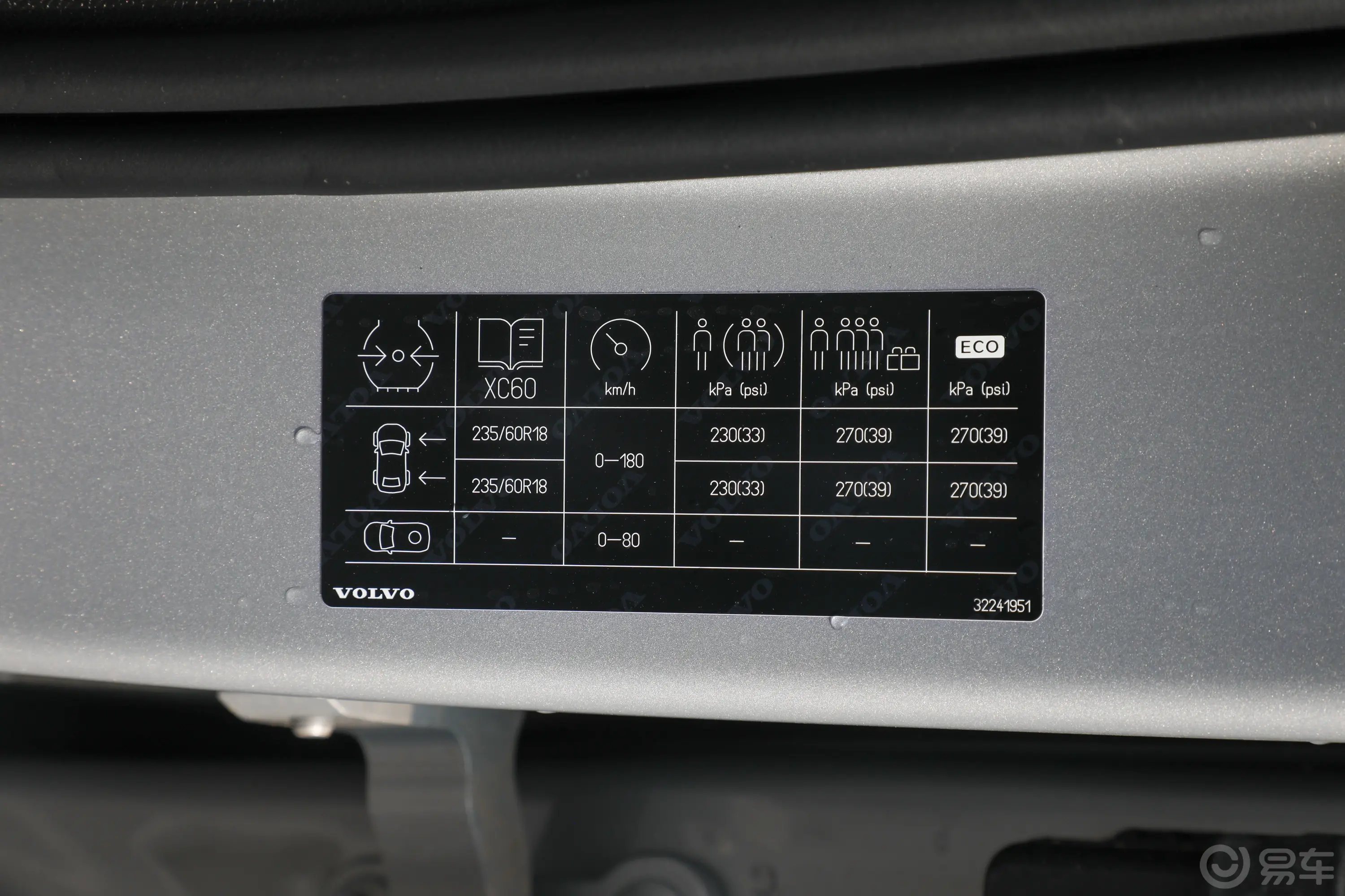 沃尔沃XC60B5 四驱智逸豪华版胎压信息铭牌