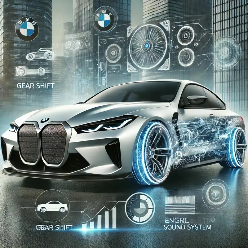 DALL·E 2024-06-24 11.29.21 - A futuristic BMW electric car with simulated gear shift and engine sound system, designed to resemble a sports car like the M3. The car is shown in a 