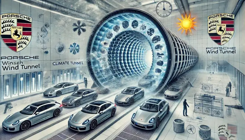 DALL·E 2024-06-29 09.51.38 - An illustration of the Porsche Weissach Climate Wind Tunnel testing multiple vehicles simultaneously under various weather conditions, including snow,